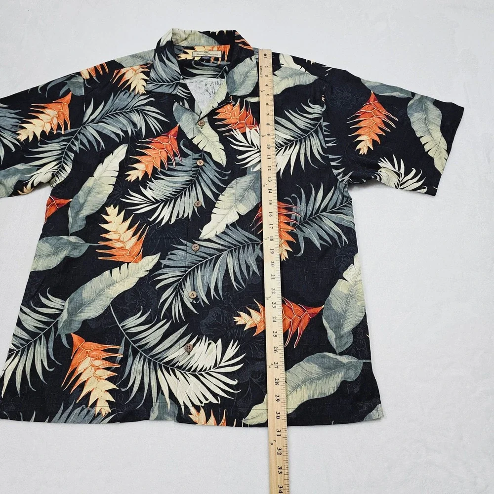 Tommy Bahama Button Up Mens L Black Orange Silk Tropical Palm Leaf Hawaiian